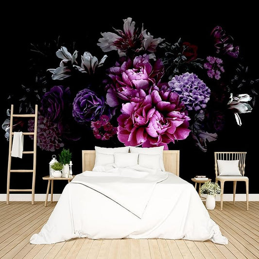 Black Peony Floral Wallpaper Bedroom Purple Botanical Flowers Leaf murals Living Room tv Background Large Wall Mural Aesthetic Room Decor - 137"x96" Not Peel and Stick