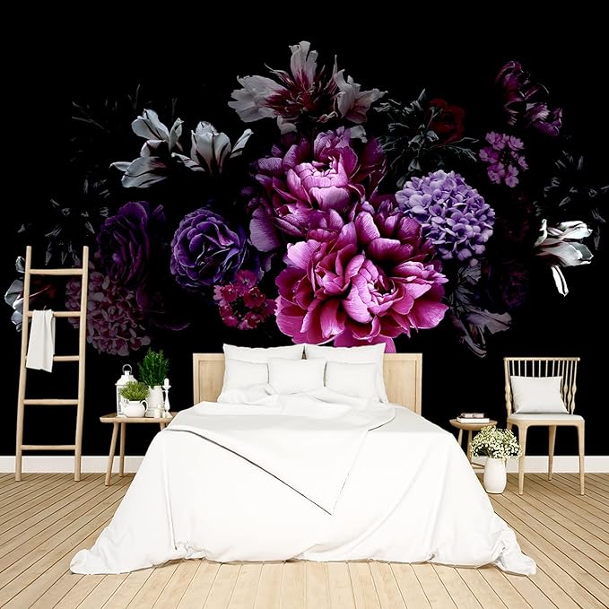 Black Peony Floral Wallpaper Bedroom Purple Botanical Flowers Leaf murals Living Room tv Background Large Wall Mural Aesthetic Room Decor - 160"x108" Not Peel and Stick