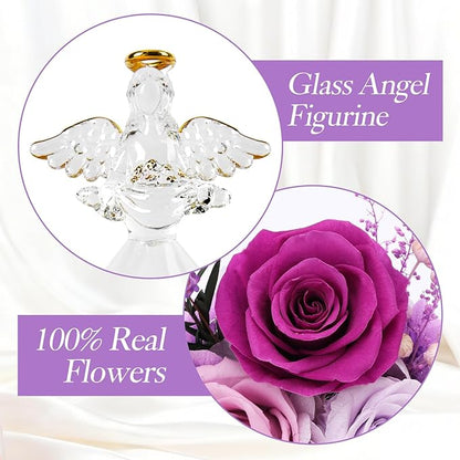 Christmas Rose Gifts for Women, 7" Purple Preserved Roses Flowers in Glass Angel Figurine, Birthday Gift for Mom Wife Grandma, Eternal Rose for Mothers Day Valentines Anniversary