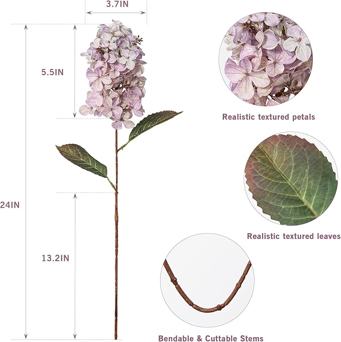 Fake Flowers Hydrangea Silk Flowers With Stems White Flowers Fake Flowers In Vase Hydrangea Artificial Flowers Winter Flowers Artificial For Decoration Vase Decor 24"（Light Purple ）8PCS Wthout Vase