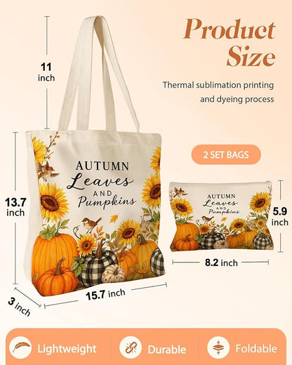 2 Pack Canvas Tote Bag - with Makeup Pouch Aesthetic Cute Women Reusable Canvas Bag for Shopping, Work, Travel
