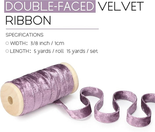 Velvet Purple Ribbon Double-Sided Handmade Glossy Fabric Trim Wooden Spool Thin Ribbons for Christmas Tree Gift Wrapping Crafts Wedding Flower Bouquet 3/8 inch x 5YD 3 Rolls