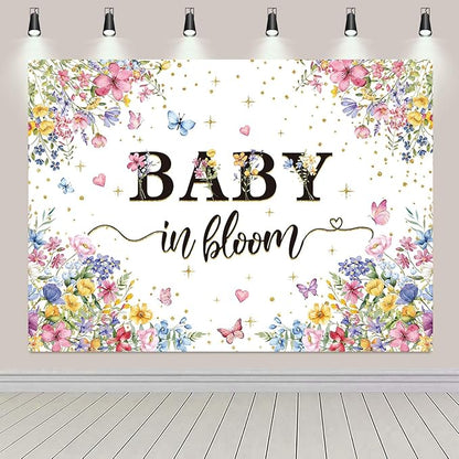 Baby in Bloom Backdrop Wildflower Baby Shower Party Photography Background Spring Floral Gold Glitter Butterfly Banner for Girls Baby Shower Newborn Birthday Party Decorations (82x59 inch (7x5FT))