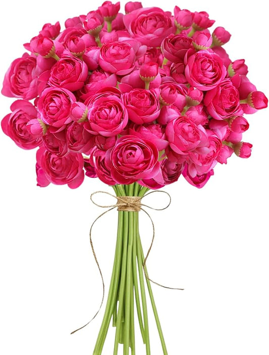 ASTRYAS Ranunculus Artificial Flower, 18Pcs Hot Pink Faux Silk Mini Ranunculus Flowers for DIY Bouquet, Bulk Fake Wedding Filler Flowers for Centerpiece Table Wedding Bridal Party Home Decor Cake