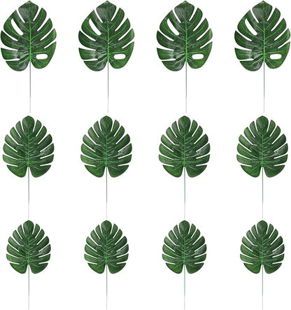 CCINEE 24PCS Green Artificial Palm Leaves, Faux Monstera Leaves Simulation Safari Leaves with Stems for Home Hawaiian Luau Party Jungle Beach Theme Party Decoration