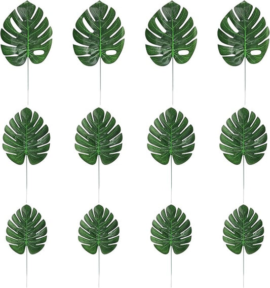 CCINEE 24PCS Green Artificial Palm Leaves, Faux Monstera Leaves Simulation Safari Leaves with Stems for Home Hawaiian Luau Party Jungle Beach Theme Party Decoration