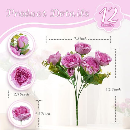 12 Packs Artificial Peonies Silk Flowers: Faux Peony Bouquet 12 Bundles, Fake Peonies Flowers Bulk for Centerpiece Table Wedding Party Home Decor for Christmas Decoration (Light Purple)