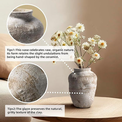 Ceramic Farmhouse Vase Rustic Decor,Pottery Decorative Flower Vases for Home Decor,Boho Vase for Table, Living Room,Bathroom,Shelf,Mantel Decoration,7.7 inch