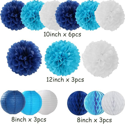 Blue Paper Flowers Tissue Pom Poms Honeycomb Lanterns 15pcs Light Royal Navy Party Decorations Boy Birthday Ocean Wedding Baby Bridal Shower Bachelorette Graduation Hanging Supplies Mprocherify