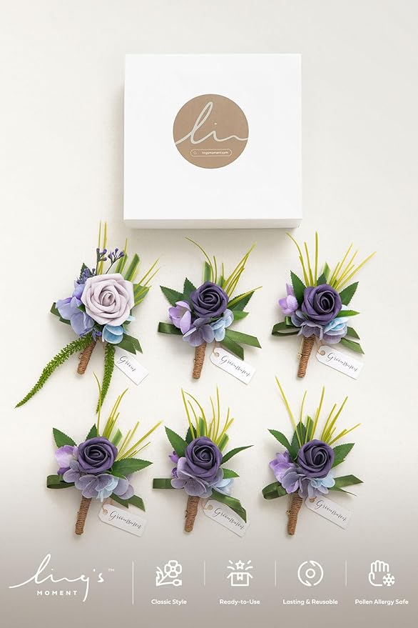 Ling's moment Boutonniere for Men, 6pcs Groom Groomsmen Boutonniere, Artificial Flowers for Wedding Decor/Prom/Homecoming, etc.Purple