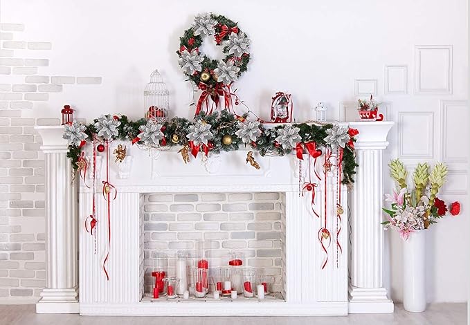 RECUTMS 10 Pcs Christmas Glitter Artificial Poinsettia Flowers 6inch Christmas Wreath Christmas Tree Flowers Ornaments Holiday Seasonal Decorations (Silver, 6inch)