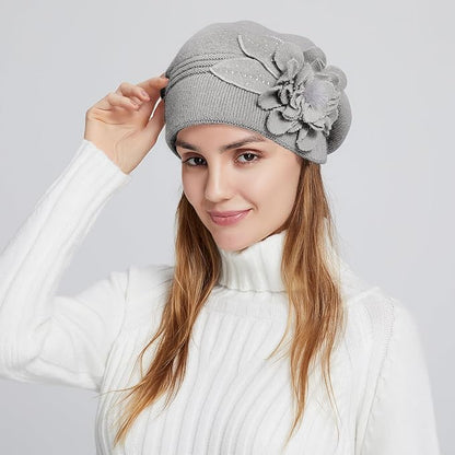 Flower Women Beret, Double Layer Thickened Winter Knitted Beanie Beret Hat, Stylish French Dress Beret Hats for Women