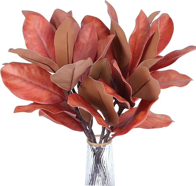4 Artificial Magnolia Leaf Stems, Real Touch Fake Green Branches for Flower Arrangement, Centerpiece for Indoor and Outdoor Home Dining Tables, Wedding and Party Decorations(Red)