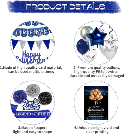 Happy Retirement Party Decorations Blue Retirements Party Decoration for Men Happy Retire Banner Hanging Swirls Foil Balloon Cake Toppers Retire Sash for Blue and Silver Retire Decoration