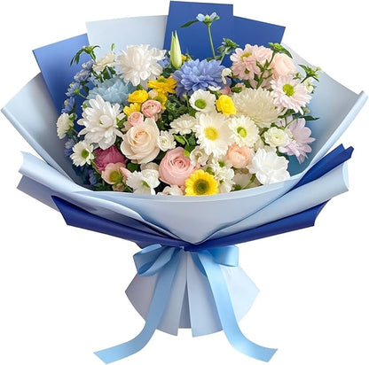 LeZakaa 20 Sheets Flower Wrapping Paper - Waterproof Reversible Floral Bouquet Paper - Sky Blue and Navy Blue Design for Father's Day, Graduation, Party, Holiday