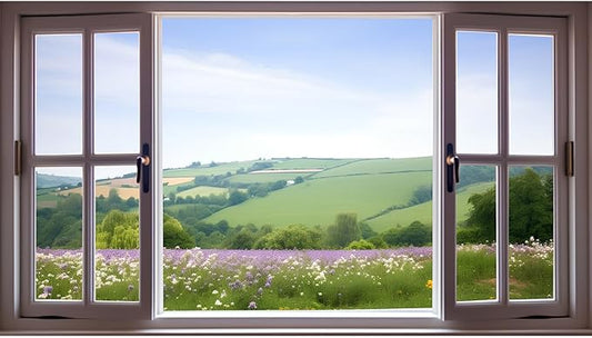 7x5ft Window Scenery Backdrop Open Window with View of Meadows and Fields Photography Background Plants Flowers Background Party Banner Wall Decor Baby Kids Family Photo Shoot Props