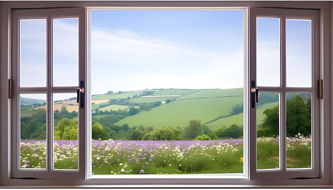 Window Scenery Photography Backdrop Open Window with View of Meadows and Fields Background Plants Flowers Background Party Banner Wall Decor Baby Kids Family Photo Shoot Props 10x6.5ft