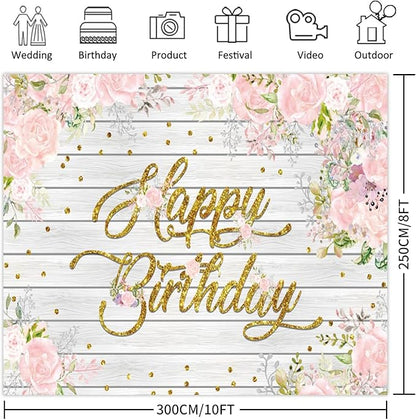 Rustic Wood Flower Happy Birthday Backdrops, 10x8ft, Pink Floral Birthday Photography Backgrounds Sign Banner Party Decorations for Girl Women