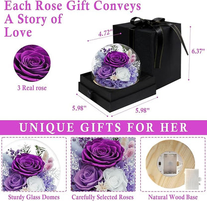 FIACO Gifts for Women Christmas Preserved Rose Forever Fresh Flowers for Delivery Birthday Flowers Gifts for Mom Grandma Wife Friends Purple Eternal Roses in Glass Dome