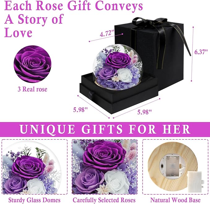FIACO Gifts for Mom Women Birthday Preserved Flowers in Glass Dome Forever Fresh Flowers for Delivery Eternal Roses Gifts for Grandma Sister Daughter Wife
