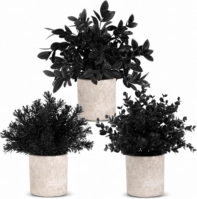 Der Rose 3 Pack Black Fake Plants Artificial Eucalyptus Plants Topiaries for Halloween Decorations Bathroom Accessories Home Office Desk Farmhouse Room Table Shelf Decor(Black)