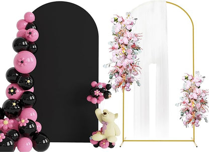 Putros 7.2ft Metal Arch Stand with Cover Black Spandex Fitted Wedding Arch Cover and Round Top Chiara Backdrop Stand Set for Birthday Party Baby Shower Decoration