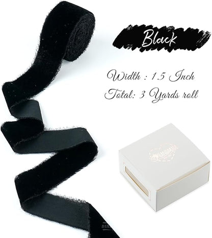 Black Velvet Ribbon 1.5 Inch Black Frayed Silk Velvet Ribbon Rustic Christmas Velvet for Gift Raw Edge Boho for Wedding Invitation Bridal Bouquet -3yards