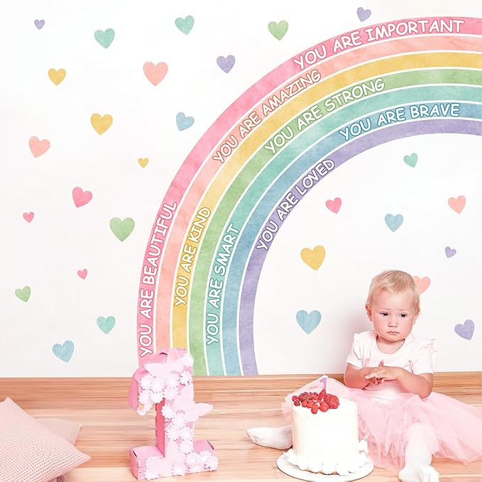 Large Rainbow Wall Sticker Watercolors Inspirational Wall Decal Baby Girls Bedroom Walls Decor Half Rainbow Decals Peel and Stick Pastel Pink Vinyl Art Mural Sticker for Toddler Playroom Kids Nursery
