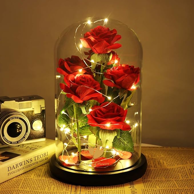 Christmas Flowers Gifts for Women,Beauty and The Beast Rose,Artificial Silk Rose Preserved Forever in Glass Dome,Anniversary,Thanksgiving,Birthday Gifts Flower Roses Gifts for Mom Wife Girlfriend
