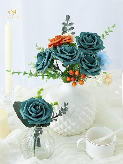 Meldel Artificial Flowers 50pcs Real Looking Peacock Green Foam Fake Roses with Stems for DIY Wedding Bouquets Bridal Shower Centerpieces Floral Arrangements Home Decorations Bulk Crafts Rose
