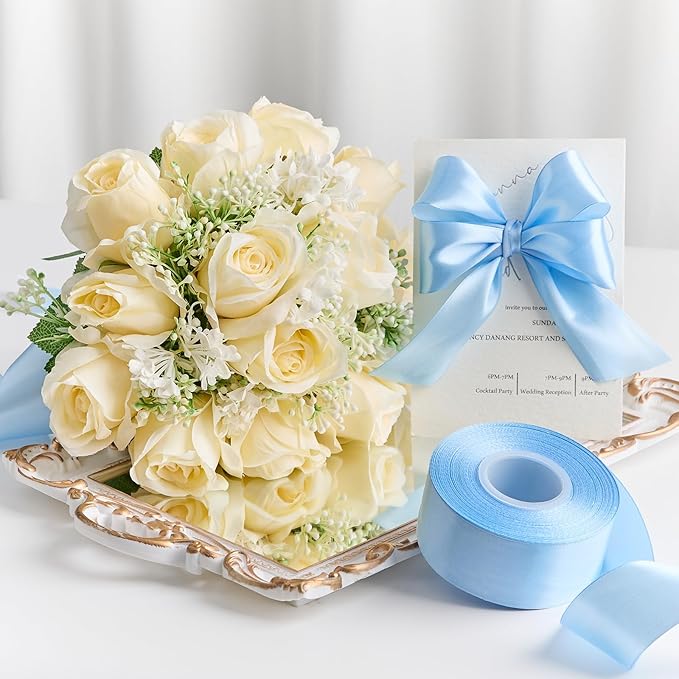 1-1/2 Inches 100 Yards Sky Blue Satin Ribbon, Solid Fabric Ribbon Roll for Flower Bouquets, Gift Wrapping, Wedding, Handmade Crafts