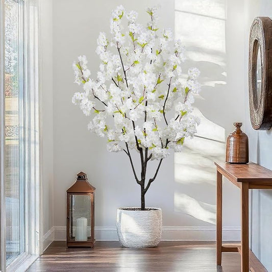 Indoor Faux Cherry Blossom Tree White Artificial Flower Tree, Artificial Cherry Blossom Tree 6 FT for Living Room Bedroom Decor Gift