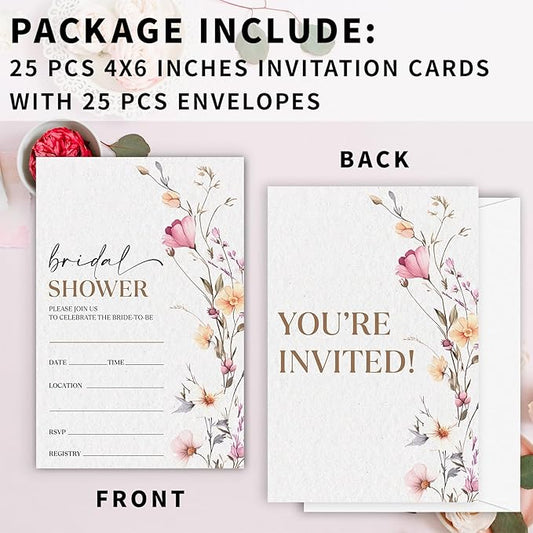 Boho Bridal Shower Invitations, Spring Floral Invites with Envelopes, 4x6 Set of 25 Invite Card for Wedding Shower, Newlyweds, Party Favor & Decorations-A03