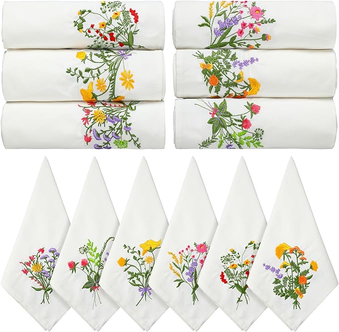 Tioncy 6 Pcs Christmas Floral Cloth Napkins Decorations Bulk Embroidered Wildflower Dinner Napkins Tea Cocktail Party Gifts Xmas Stocking Stuffers for Holiday Table Decor (White)