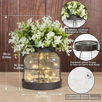 Vintage Glass Farmhouse Vase - Handmade Rustic Lantern Planter with Bonus Artificial Flowers & LED Lights (Home Decor Centerpiece), Farmhouse Wedding/Tabletop Decor, Housewarming Gift