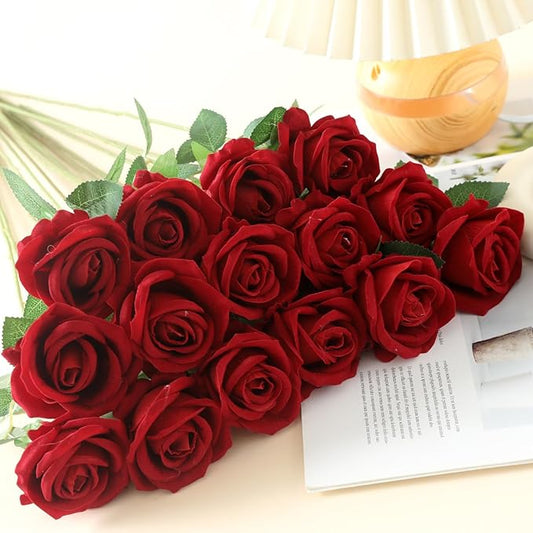 15Pcs Pearl Red Roses Artificial Flowers Fake Roses Long Stem Velet Rose Silk Flowers for Home Wedding Decoration (Pearl Roses,Deep Red)