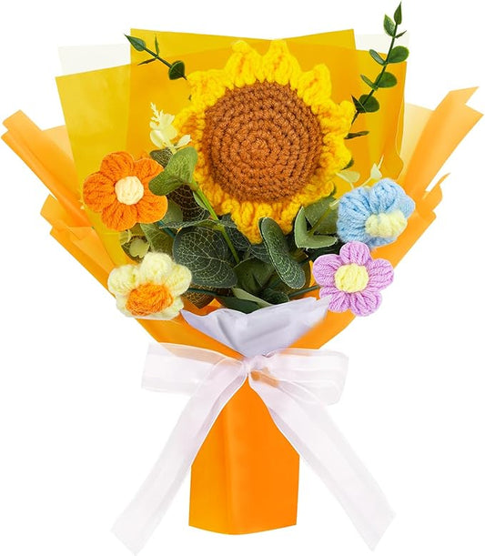 Crochet Flowers Bouquet, Handmade Crochet Sunflower No Maintenance Flower Bouquet for Teacher's Day Mother's Day, Birthday, Wedding, Home Decor(Medium-Orange Sunflower)