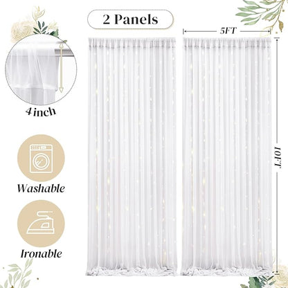 10ft x 10ft White Backdrop Curtain with Lights String for Parties, Sheer Tulle Wedding Photo Backdrops Drapes for Baby Shower Birthday Party Decorations Background for Photography