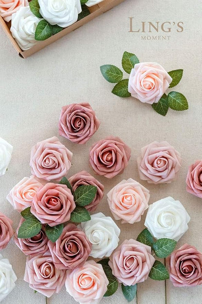 Ling's moment Artificial Flowers, 50Pcs 3" Roses in Dusty Rose Shades, Realistic DIY Foam Floral Decor for Wedding Bouquets/Centerpieces, Outdoor Party Backdrops, Room/Table, Garden/Pot Decorations