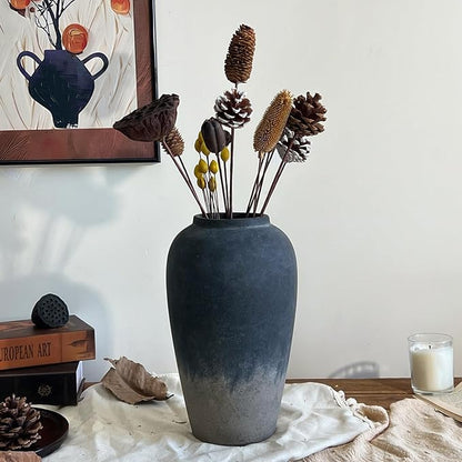 12 Inch Rustic Ceramic Vase, Black Flower Vases for Centerpieces, Farmhouse Decor for Living Room, Entryway & Kitchen, Vintage Pottery Vase for Wedding Gifts
