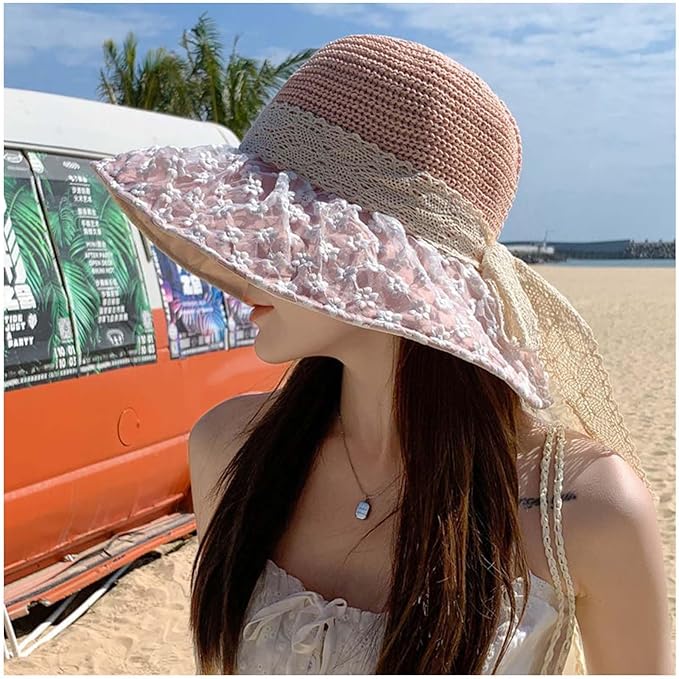 Women's Sun Shade Hat UPF 50+ - Foldable Straw Beach Cap with Lace Bow, Breathable Summer Travel Hat for Women