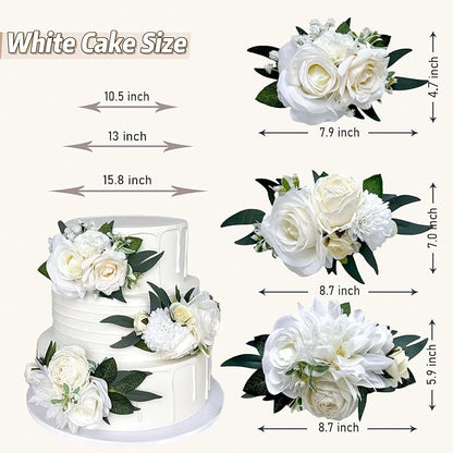 3PCS Ivory White Silk Flowers for Cakes Decorations Artificial Rose Peony Butterfly Wedding Cake Toppers Decorating Fake Floral Anniversary Birthday Party Arrangements Table Centerpieces Pre-Made