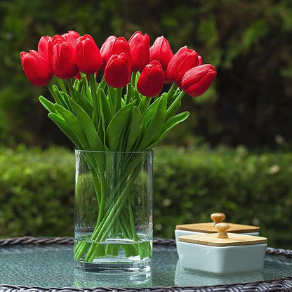 ENOVA FLORAL 20 Pieces Real Touch Artificial Tulips Flowers in Vase, Fake Red Tulips with Vase and Faux Water for Home Wedding Decoration, Dining Table (Red)