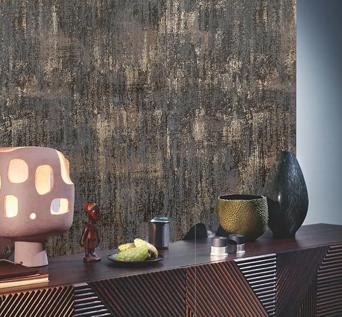 AM1NAH Vintage Metallic Distressed Wallpaper 17.7" X 236" Charcoal Gold Industrial Textured Concrete Wall Paper for Home Office Coffee Shop