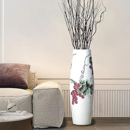 Tall White Floor Vase 32 inches, Thick Ceramic Rustic Vases Large for Home Decor Living Room, Painting Geen Grape Decorative Vases Wide Mouth Opening Corner Vase for Pampas Grass