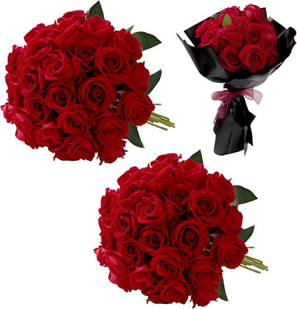 Red Roses Artificial Flowers Bulk, 32Pcs Fake Roses Artificial Velvet Roses with Stems, DIY Silk Flowers Roses Bouquet, Realistic Faux Artificial Roses for Mother's Day Home Table Decor