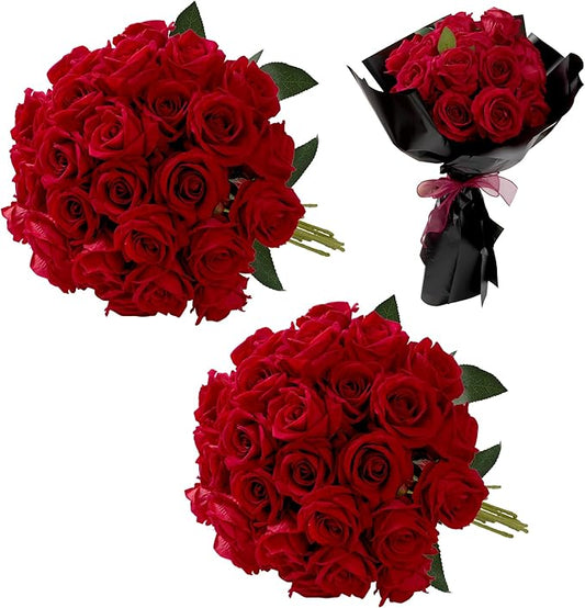 Red Roses Artificial Flowers Bulk, 32Pcs Fake Roses Artificial Velvet Roses with Stems, DIY Silk Flowers Roses Bouquet, Realistic Faux Artificial Roses for Mother's Day Home Table Decor