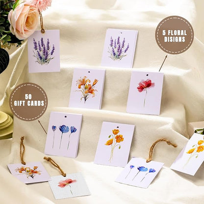 50 Set Floral Blank Gift Tags with String, 2 x 3 in Watercolor Floral Xmas Gift Paper Tags Hanging Label Set for 5 Flower Designs for Bridal Baby Shower Xmas Party Favor Decor Supplies