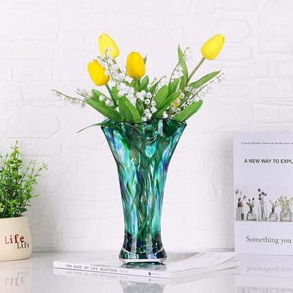 9.0" H Teal Glass Vases for Flowers, Unique Hand Blown Glass Vase Green Home Decor, Wide Mouth Colorful Flower Vase Centerpieces, for Living Room Table Bookshelf, Bathroom Office Shelf Decorative