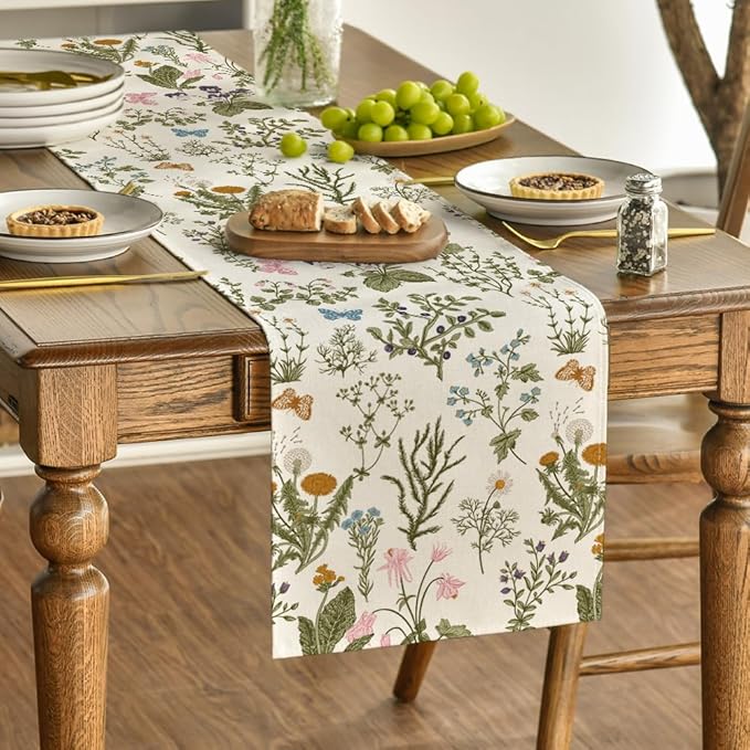 Artoid Mode Wildflowers Floral Spring Table Runner, Butterfly Seasonal Summer Kitchen Dining Table Decoration for Home Party Decor 13x36 Inch
